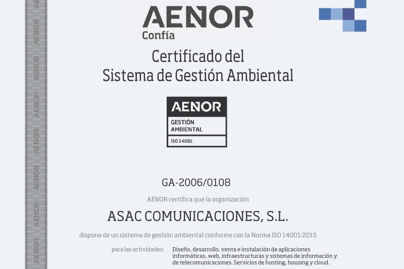 Reconocimiento de AENOR por nuestro Sistema de Gestión Ambiental